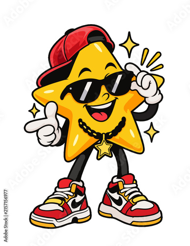 Cool Star Mascot Character with Sunglasses and Cap, Retro Cartoon Vector Illustration