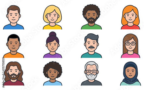 Diverse group of cartoon people faces vector illustration set for design and marketing