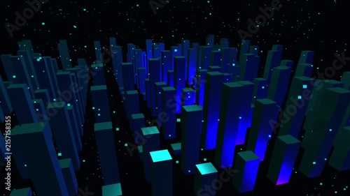 Futuristic digital data stream with glowing blue 3D blocks and cyan particles on dark background motion graphic loop