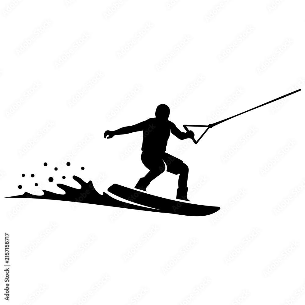 Fototapeta premium Water skier silhouette gliding over waves while holding rope during active sports session.