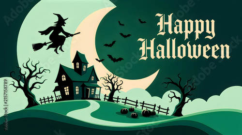 A spooky halloween scene featuring a witch flying past a haunted house under a full moon