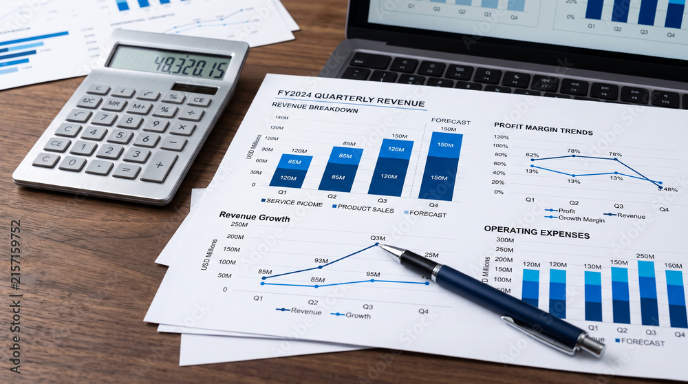 Obraz premium Calculator and charts on a wooden desk, symbolizing financial analysis, business growth, and data reporting, ideal for corporate or economic themes