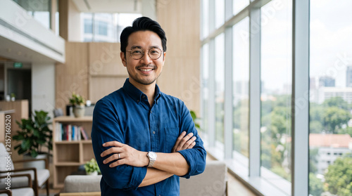A man in a blue shirt and glasses smiles, arms crossed, in a modern office with large windows, representing business and professionalism