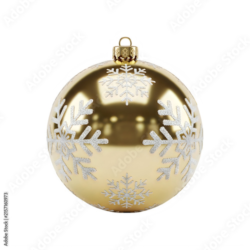 Gold Christmas bauble ornament with silver snowflakes 3D illustration isolated on transparent background