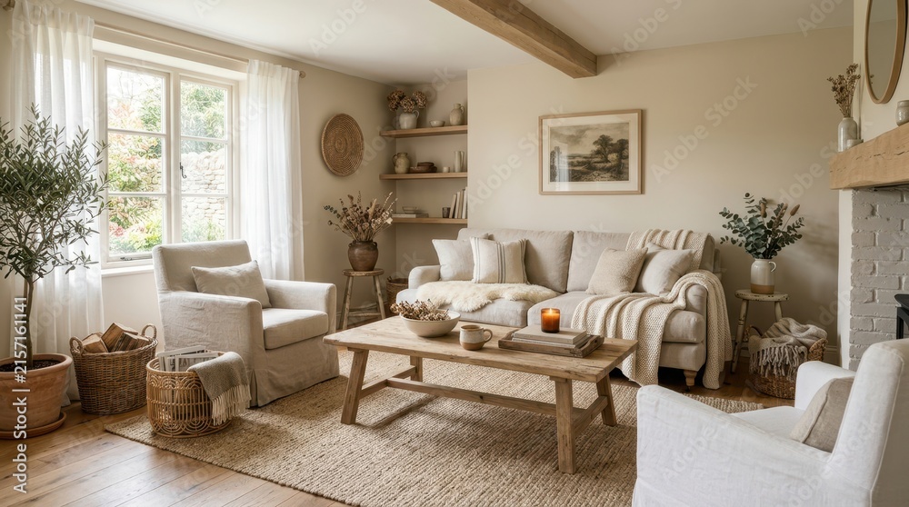 Fototapeta premium Cozy neutral living room with natural textures and warm ambient lighting