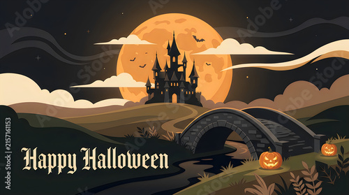 Spooky halloween scene featuring a dark castle silhouetted against a large orange full moon and bats