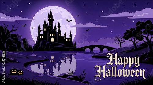 A spooky halloween scene featuring a dark castle silhouetted against a large full moon and misty landscape