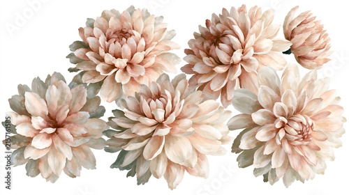 Soft Peach Chrysanthemums, Delicate Floral Arrangement, Vintage Botanical Illustration, Romantic Wedding Decor Elements isolated on White Background