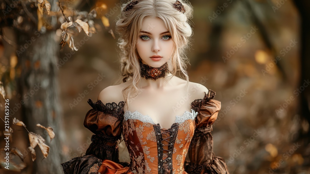 Fototapeta premium Young woman in vintage Victorian corset dress posing in an autumn forest landscape