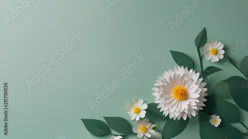 Elegant paper cut white daisy flowers with green botanical leaves on pastel background