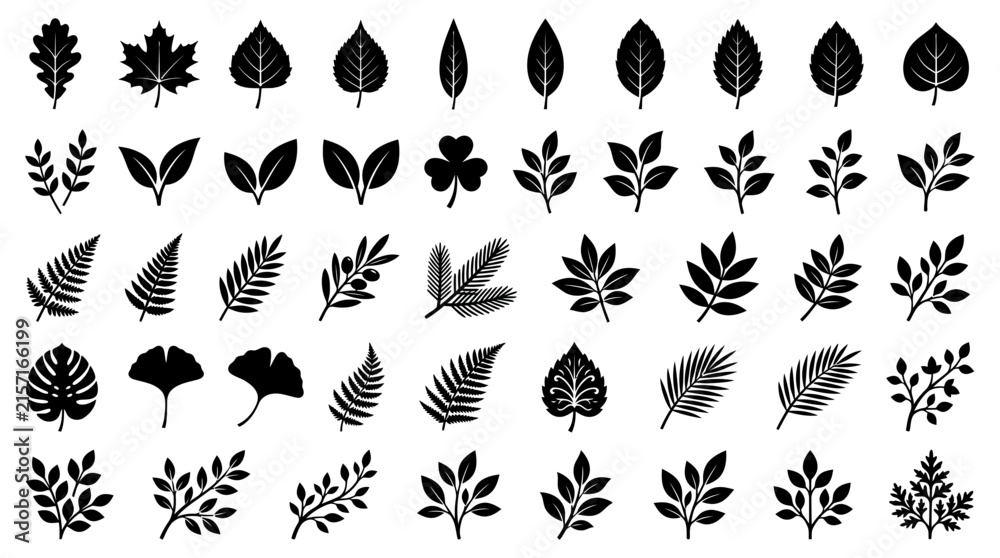 Obraz premium Collection of black leaf silhouettes on a white background