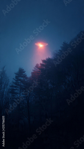 Foto UFO on the background of earthly nature, the picture is abstract.