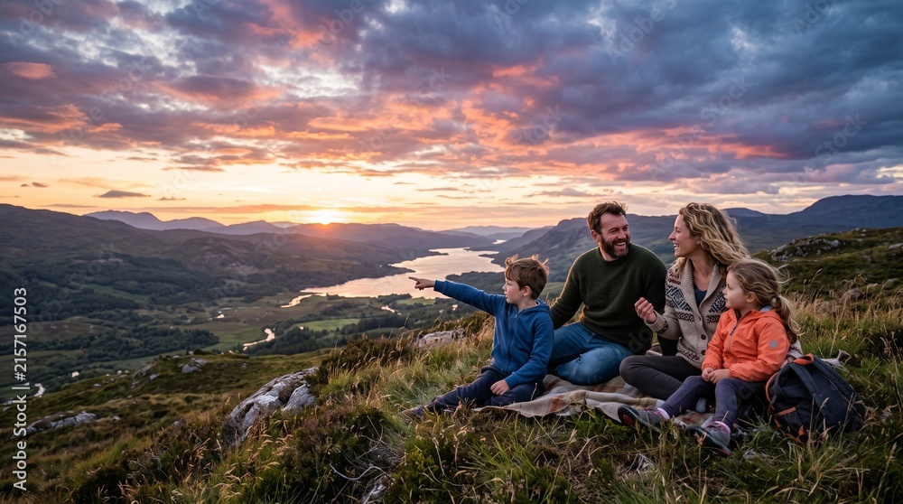Naklejka premium A family of four sitting on a small hill, watching the sunset.