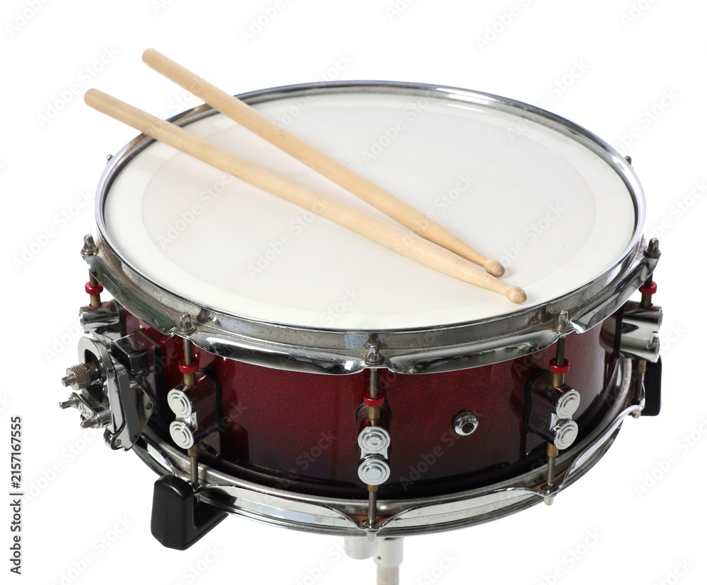Obraz premium Snare drum with drumsticks isolated on white
