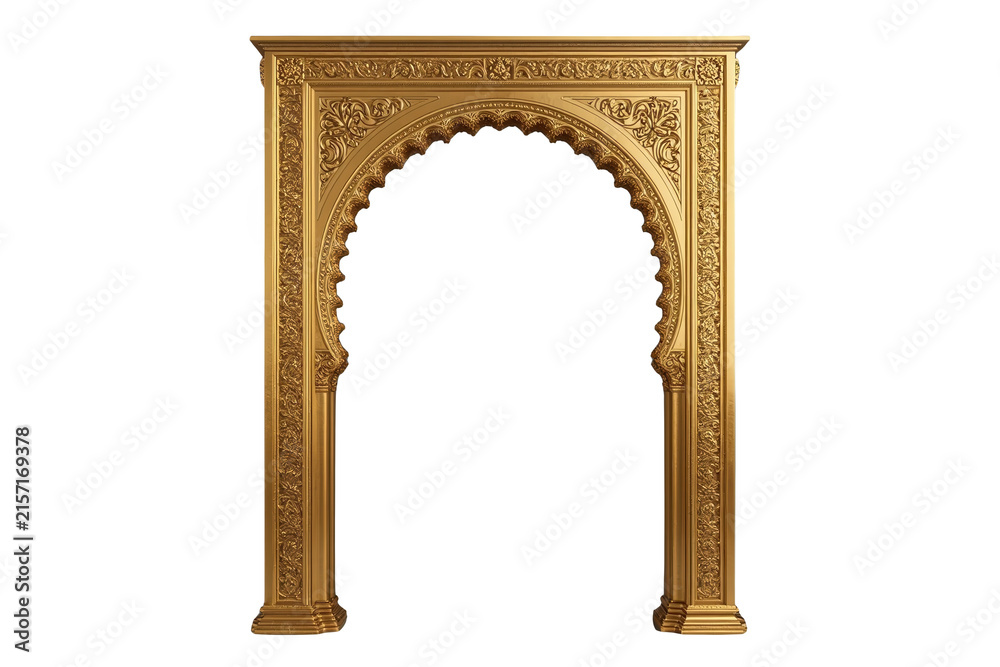 Fototapeta premium Rectangular golden doorway frame with scalloped arch isolated on transparent background