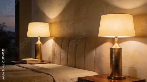 A bedside table and two matching table lamps.