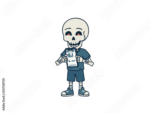Halloween Cartoon skeleton checking smartphone