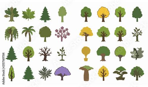 Colorful Tree Illustration Set with Forest, Deciduous, Evergreen, Fruit, Blossom, Bonsai and Decorative Nature Trees Isolated on White