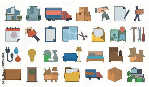 Moving House Relocation Illustration Set with Movers Truck, New Home, Boxes, Furniture, Lease Agreement, Packing Supplies and Household Essentials