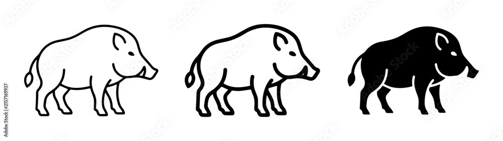 Fototapeta premium Wild Boar Icons, Vector Illustrations of Swine, Pig Family Graphics, Black and White Animal Silhouettes
