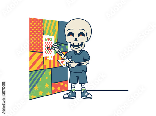Halloween Skeleton decorating colorful wall