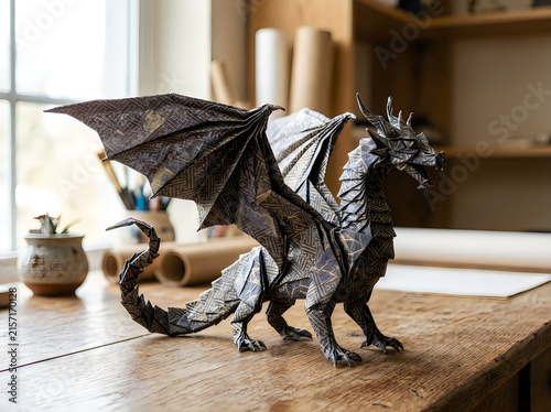 Black dragon figurine standing on a wooden table