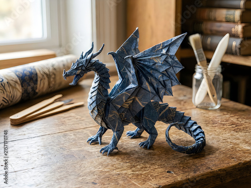 Black dragon toy figurine sitting on a wooden desk