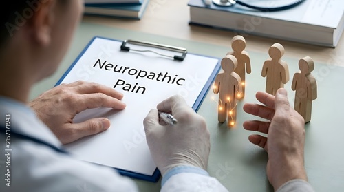 Neuropathic Pain Healthcare Concept with Medical Clipboard, Human Figure and Healthcare Professional Representing Nerve Damage, Pain Diagnosis and Treatment