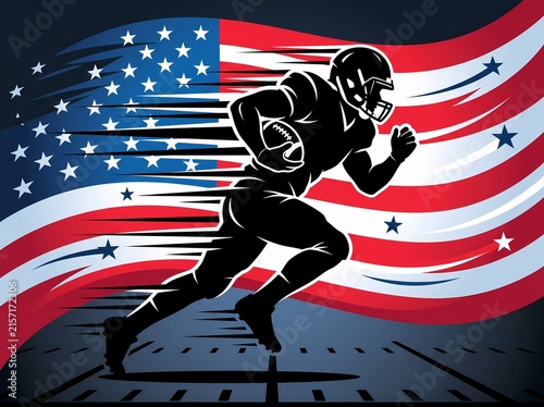 American football player running with the ball against a stylized motion motion backdrop featuring the United States flag