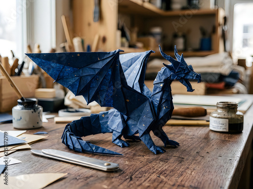 Blue origami dragon paper model on a wooden craft table