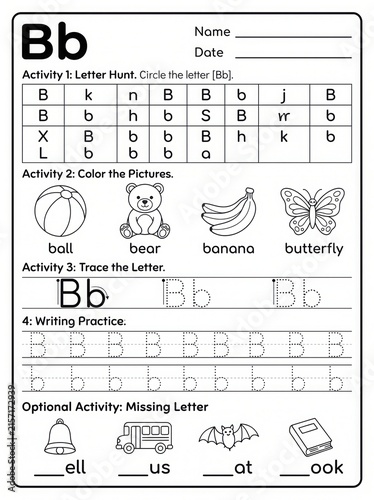 Educational Worksheet for Kindergarten Children Learning the Letter B and Phonetic Sounds
