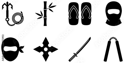 Canvas Print Ninja Warrior Icons, Martial Arts Symbols, Japanese Culture Elements, Black Silh