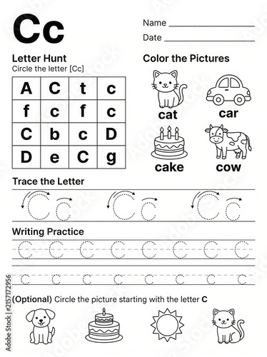 Educational Worksheet Designed for Preschool Children to Learn the Letter C Alphabet