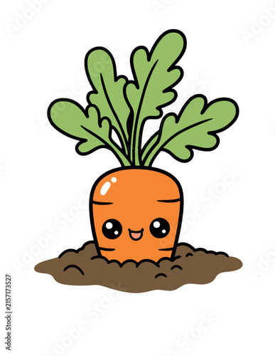 Cute Carrot Character with Green Leaves Growing from Soil – Hand Drawn Vegetable Vector Illustration