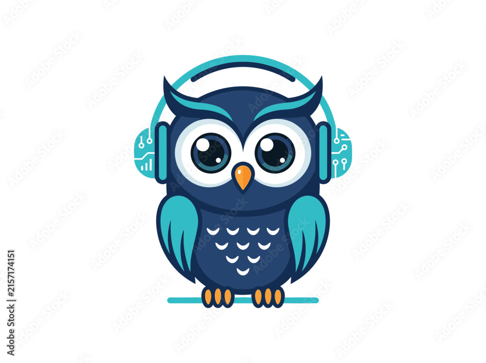 Obraz premium Cute Blue Owl Character Wearing Tech Headphones Vector Illustration