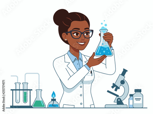 Black female scientist holding a glass flask in a laboratory