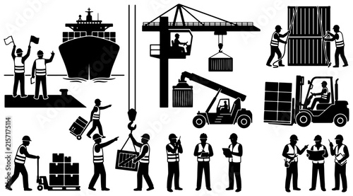 Shipping Port Logistics Icons, Cargo Ship, Crane, Forklift, Workers, Container Handling, Industrial Maritime Operations, Vector Set