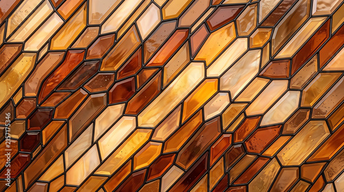 Abstract geometric pattern with warm orange and brown stained glass style mosaic tiles
