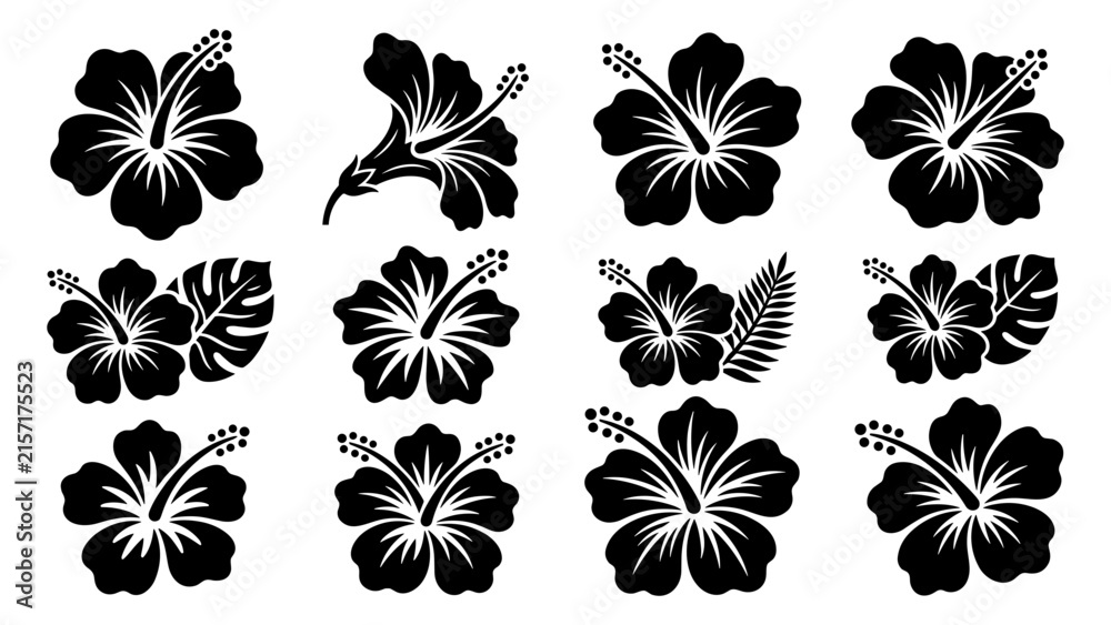 Fototapeta premium Floral Silhouettes Set in Black and White Minimalist Style. Vector Botanical Ico