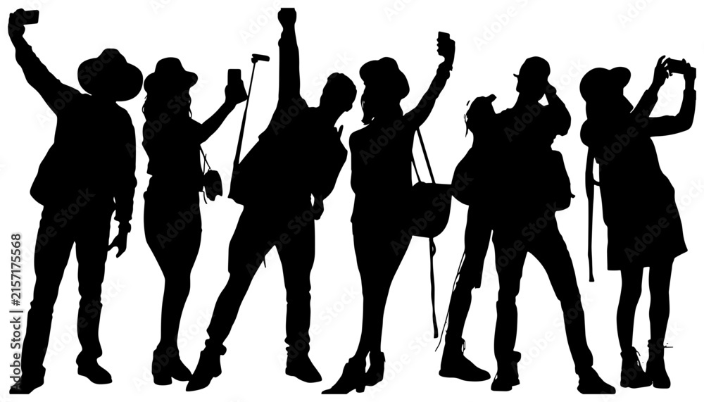 Fototapeta premium Diverse Group Selfie Silhouette Vector, Friends Capturing Memories, Travel Photography, Modern Lifestyle Collection