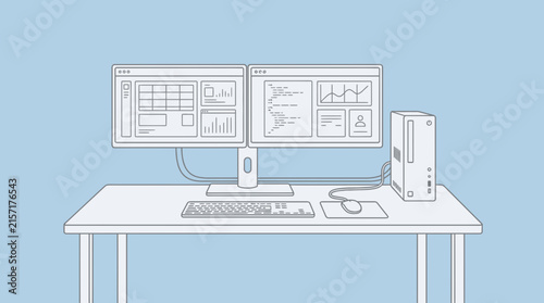Modern Minimalist Line Drawing of Dual Monitor Workstation Setup with Computer Tower Keyboard and Mouse on Light Gray Desk