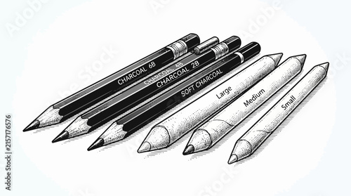 Modern of Assorted Charcoal and Graphite Pencils in Various Sizes and Hardness Levels with high quality professional line art symbols for modern creative design and digital branding projects
