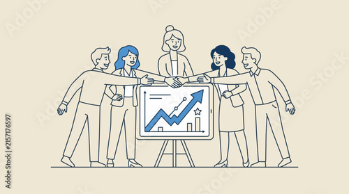 Modern of Business Team Celebrating Success with Growth Chart and Handshake Around Presentation Stand