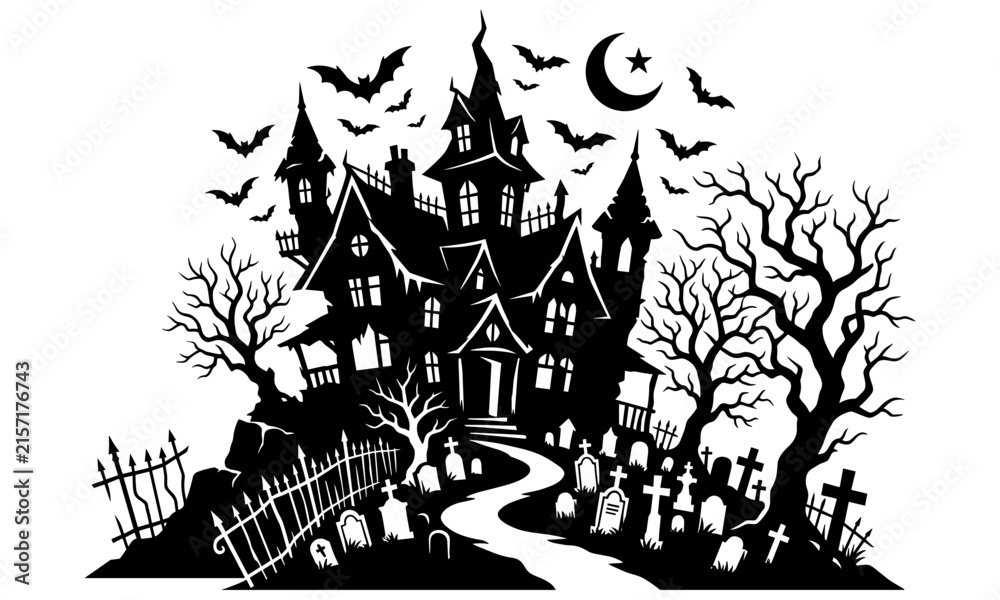 Naklejka premium Spooky Halloween Haunted House Silhouette with Graveyard Flying Bats Crescent Moon and Dead Trees Vector Illustration