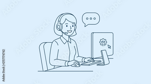 Modern Line Drawing of Customer Support Professional Engaged in Technical Troubleshooting on Computer