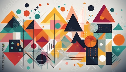 modern abstract composition of triangles squares and circles with a flat yet layered aesthetic