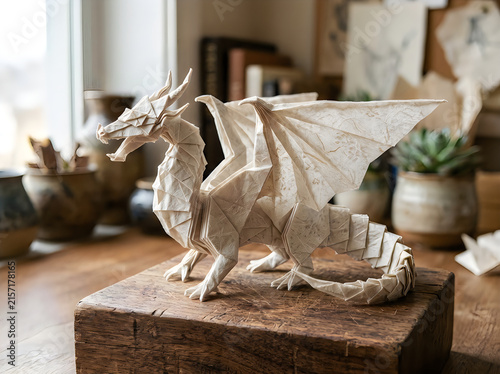 Grey plastic dragon toy sitting on a wooden table