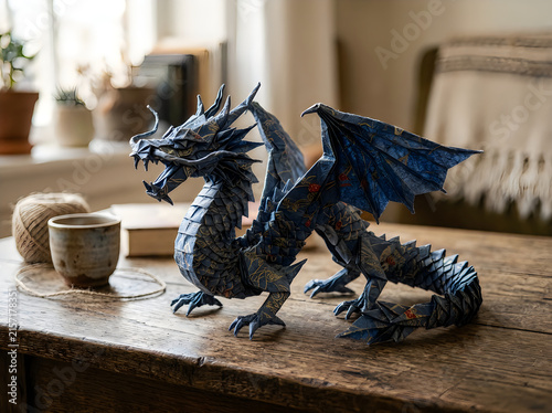 Metal dragon statue on a wooden table in a living room