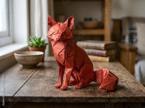 Orange paper origami fox sitting on a wooden desk