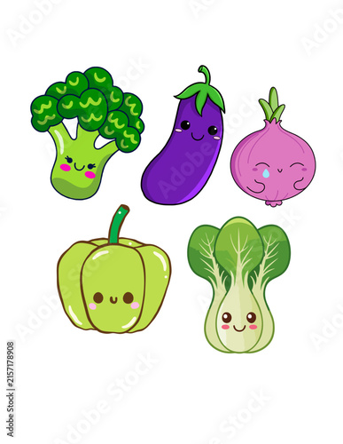Cute Kawaii Vegetable Characters Collection – Broccoli, Eggplant, Onion, Apple and Bok Choy